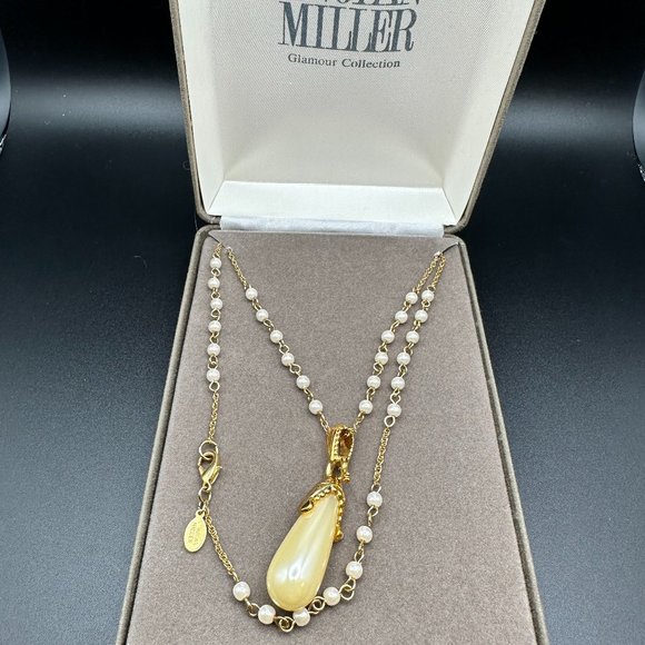 Vintage Nolan Miller Glamour Collection Gold Tone Faux Pearl Teardrop Necklace - Picture 1 of 15